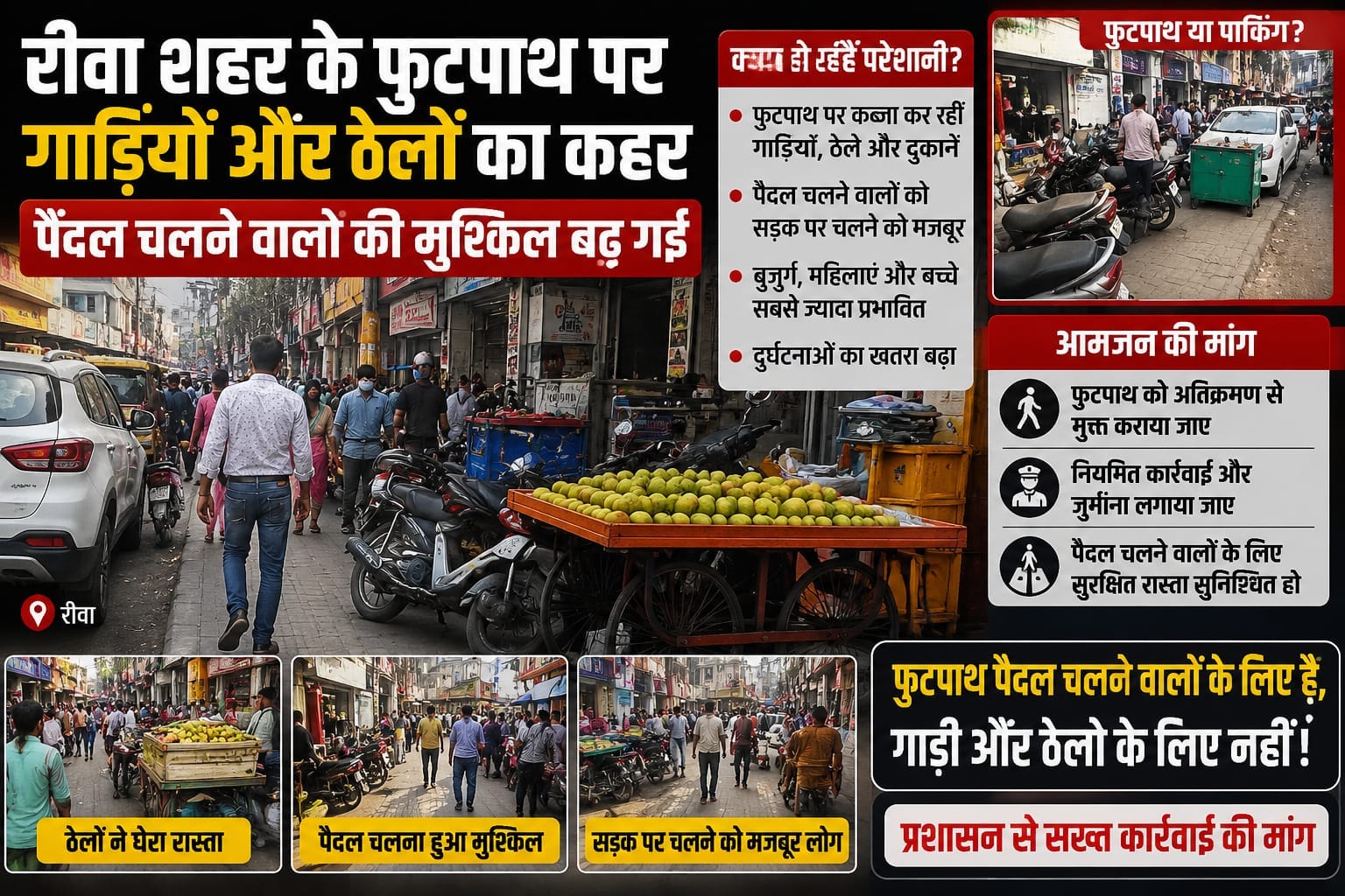 रीवा शहर के फुटपाथ पर गाड़ियों और ठेलों का कहर: पैदल चलने वालों की मुश्किल बढ़ गई