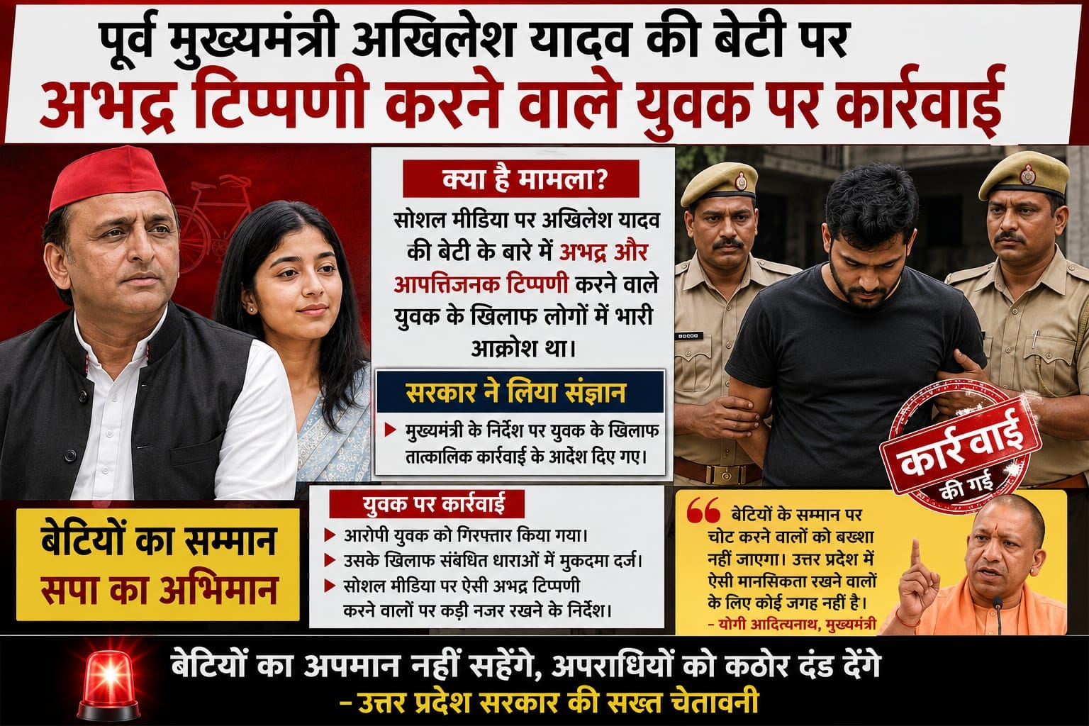 पूर्व मुख्यमंत्री अखिलेश यादव की बेटी पर अभद्र टिप्पणी करने वाले युवक पर कार्रवाई