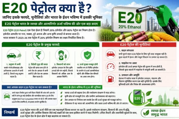 E20 पेट्रोल क्या है? जानिए इसके फायदे, चुनौतियां और भारत के