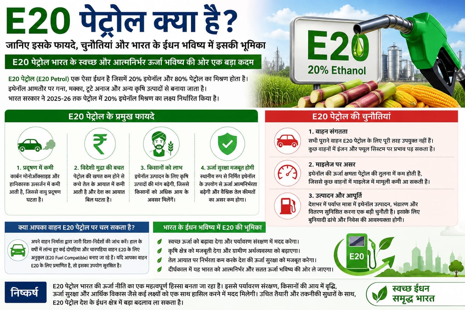 E20 पेट्रोल क्या है? जानिए इसके फायदे, चुनौतियां और भारत के