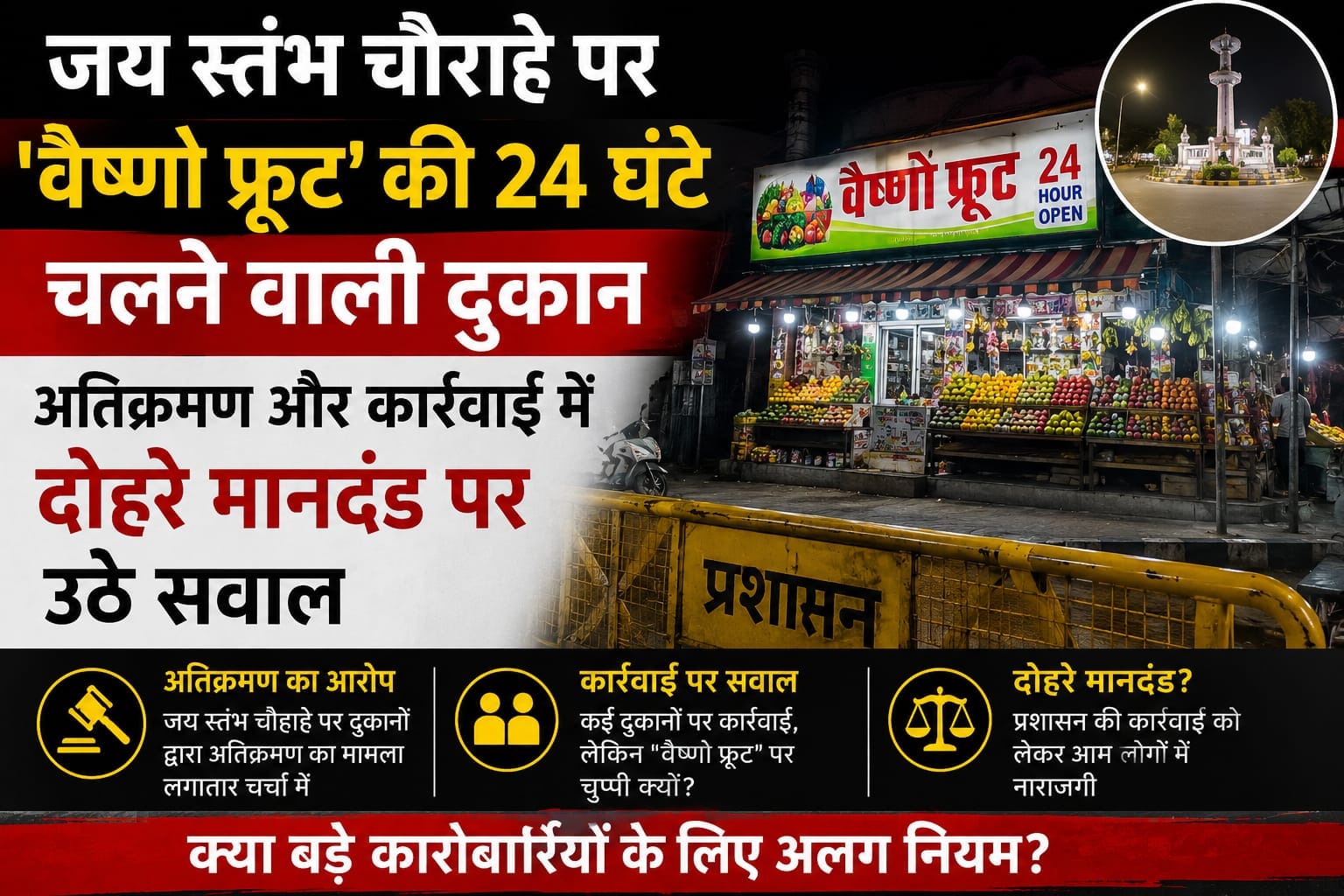 जय स्तंभ चौराहे पर 'वैष्णो फ्रूट' की 24 घंटे चलने वाली दुकान: अतिक्रमण और कार्रवाई में दोहरे मानदंड पर उठे सवाल