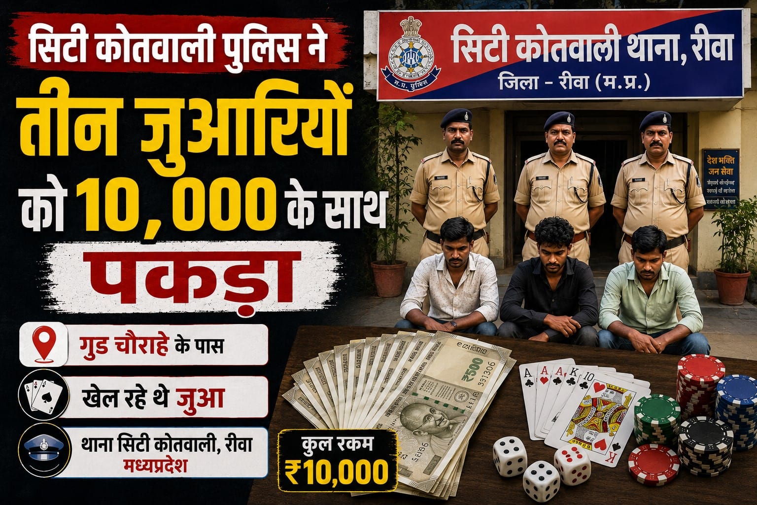 City Kotwali police apprehended three gamblers with ₹10,000.