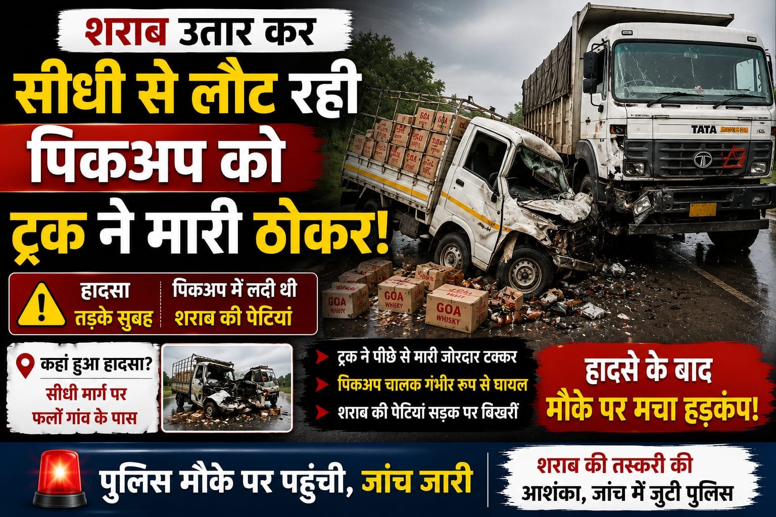 A truck rammed into a pickup truck that was returning after unloading liquor.